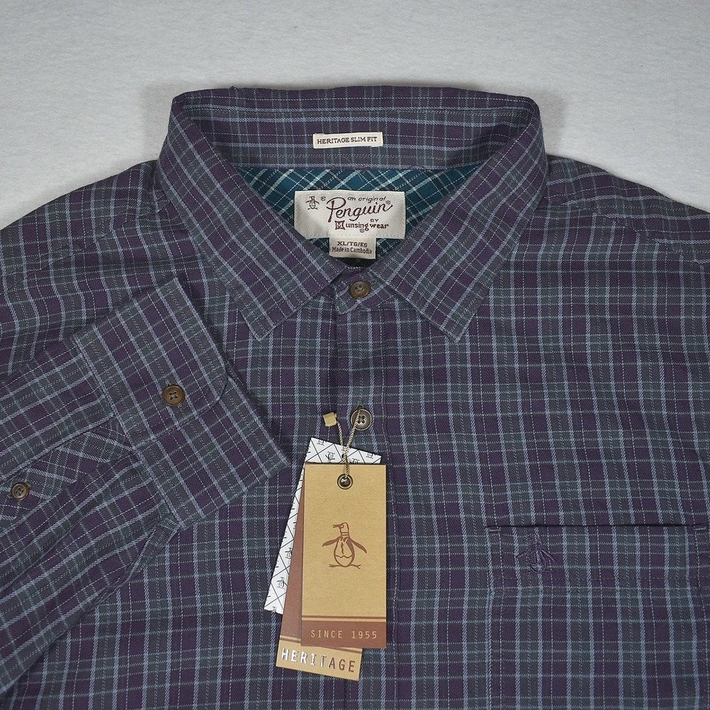 Original Penguin Mens Heritage NWT Slim Fit Plaid Sht Night Shade XL 0PWH5C07PX